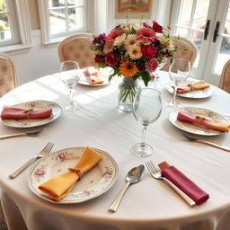 An elegantly arranged lunch table setting, featuring fine china plates with intricate floral designs, polished silver cutlery, and crystal wine glasses