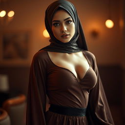 A beautiful woman in a hijab, wearing a thin, alluring dress that accentuates her curves, particularly her large chest