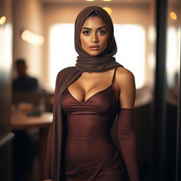 A beautiful woman in a hijab, wearing a thin, alluring dress that accentuates her curves, particularly her large chest