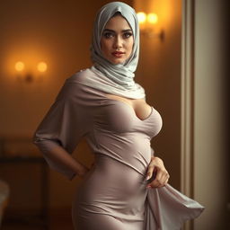 A beautiful woman in a hijab, wearing a thin, alluring dress that accentuates her curves, particularly her large chest