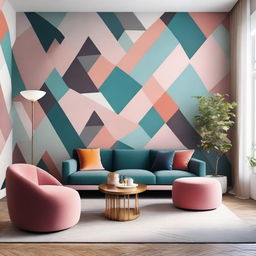 An elegant, contemporarily designed living room featuring vibrant geometric wallpaper, complemented with modern furniture leaving an aesthetically pleasing atmosphere