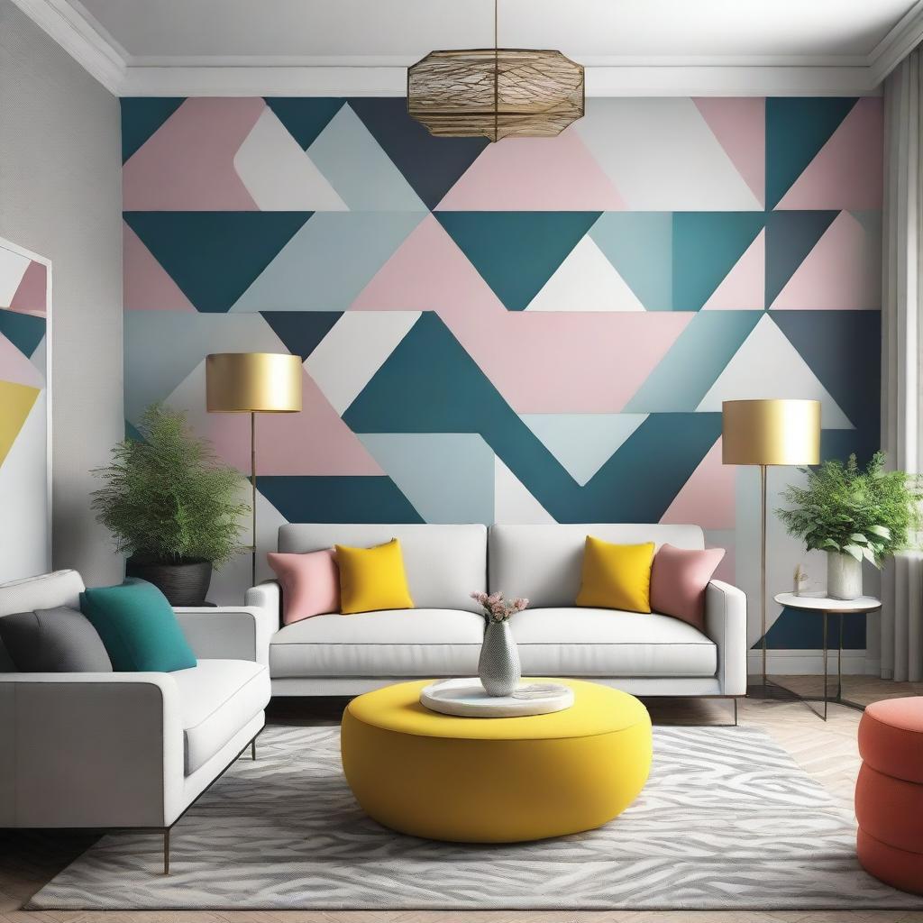 An elegant, contemporarily designed living room featuring vibrant geometric wallpaper, complemented with modern furniture leaving an aesthetically pleasing atmosphere