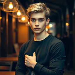 A confident 18-year-old young man, 175 cm tall, with short dark blonde hair and gray eyes that radiate intelligence and mystery