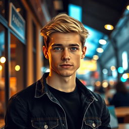 A confident 18-year-old young man, 175 cm tall, with short dark blonde hair and gray eyes that radiate intelligence and mystery