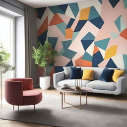 An elegant, contemporarily designed living room featuring vibrant geometric wallpaper, complemented with modern furniture leaving an aesthetically pleasing atmosphere