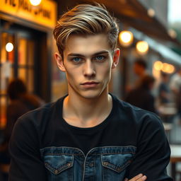 A confident 18-year-old young man, 175 cm tall, with short dark blonde hair and gray eyes that radiate intelligence and mystery