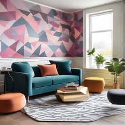 An elegant, contemporarily designed living room featuring vibrant geometric wallpaper, complemented with modern furniture leaving an aesthetically pleasing atmosphere