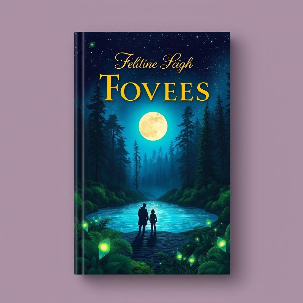 A captivating book cover design featuring a mystical forest with glowing trees under a starry night sky