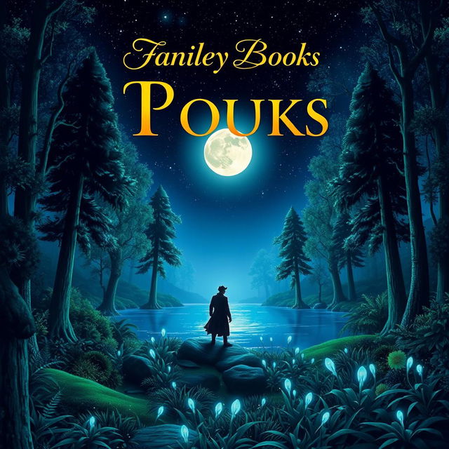 A captivating book cover design featuring a mystical forest with glowing trees under a starry night sky