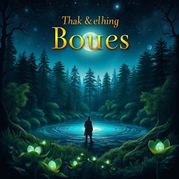 A captivating book cover design featuring a mystical forest with glowing trees under a starry night sky