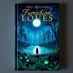 A captivating book cover design featuring a mystical forest with glowing trees under a starry night sky
