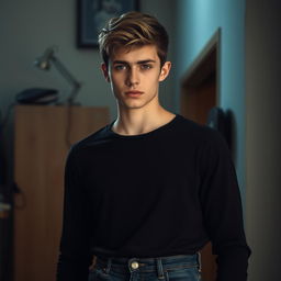 An 18-year-old young man, standing 175 cm tall, with short dark blonde hair and gray eyes that radiate intelligence and mystery