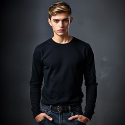 An 18-year-old young man, standing 175 cm tall, with short dark blonde hair and gray eyes that radiate intelligence and mystery