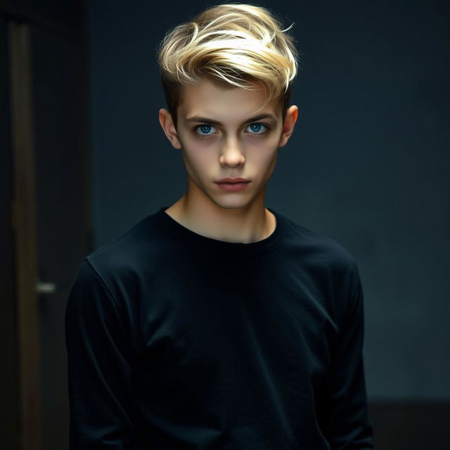 An 18-year-old young man, standing 175 cm tall, with short dark blonde hair and gray eyes that radiate intelligence and mystery