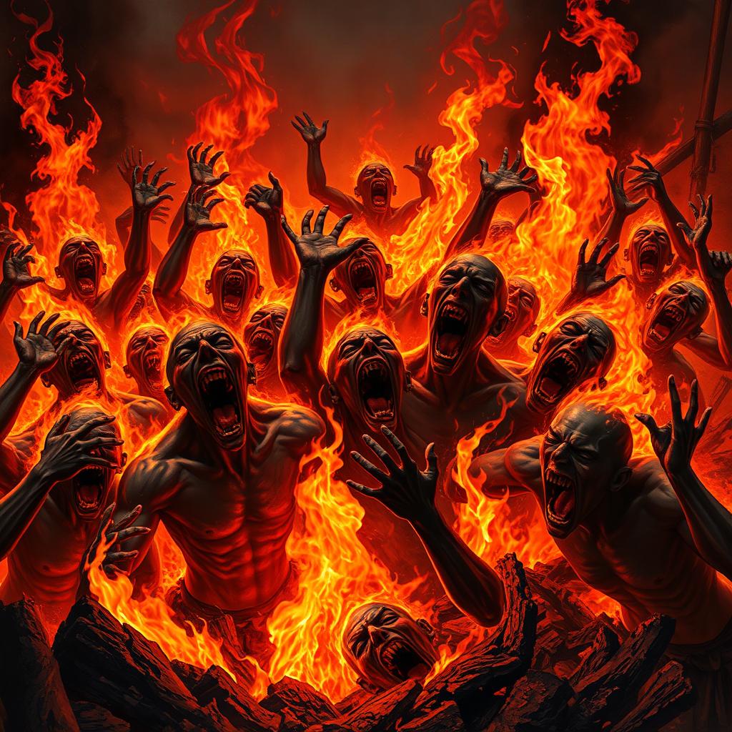 A vivid depiction of anguished souls screaming in the flames of Hell