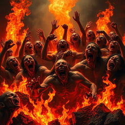 A vivid depiction of anguished souls screaming in the flames of Hell
