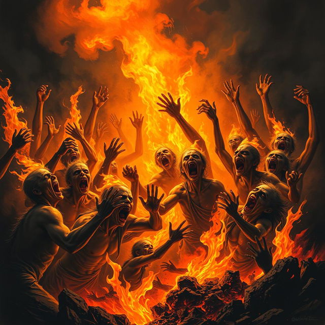 A vivid depiction of anguished souls screaming in the flames of Hell