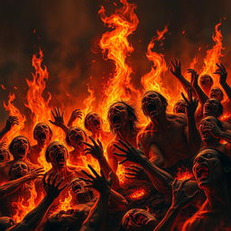 A vivid depiction of anguished souls screaming in the flames of Hell