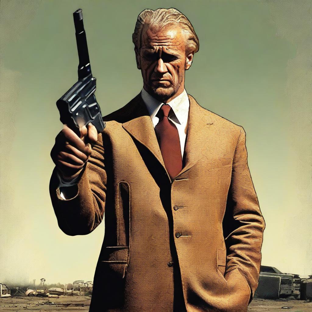 A rugged man with fair skin and dirty-blonde hair, wearing a grime-covered, three-piece suit, holding a rusty pistol in his firm grip