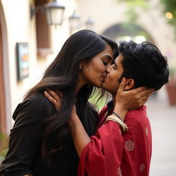 A passionate moment between a beautiful Indian woman and her boyfriend sharing a romantic kiss