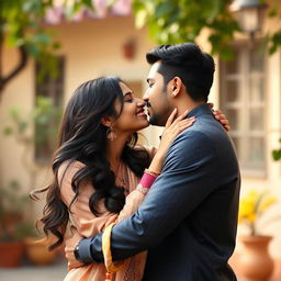 A passionate moment between a beautiful Indian woman and her boyfriend sharing a romantic kiss