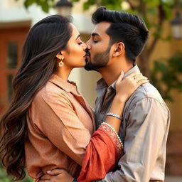 A passionate moment between a beautiful Indian woman and her boyfriend sharing a romantic kiss