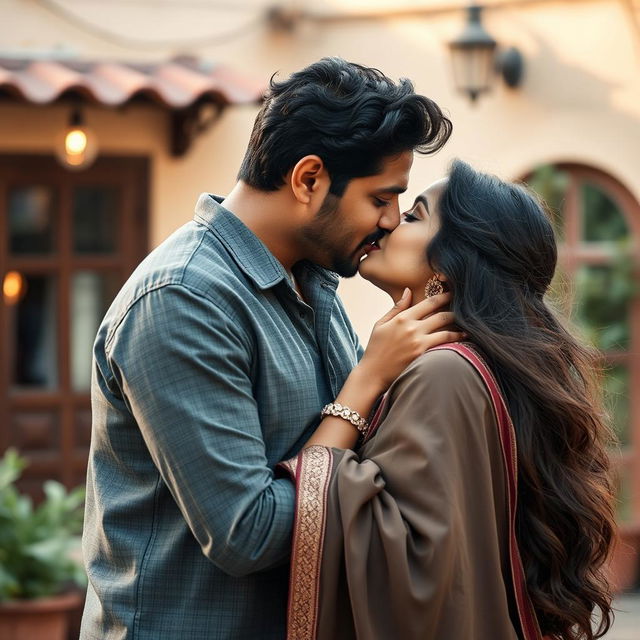 A passionate moment between a beautiful Indian woman and her boyfriend sharing a romantic kiss