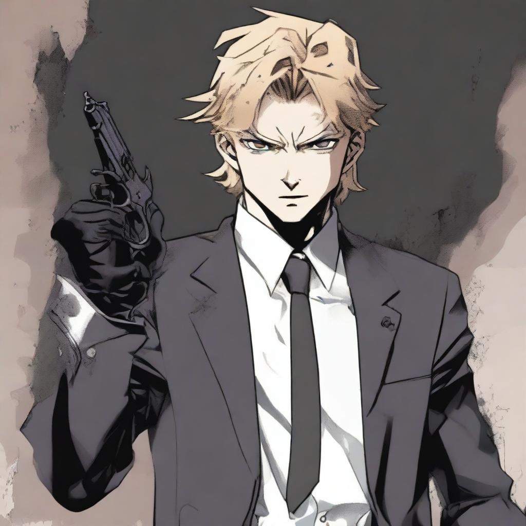 A young man with fair skin and dirty-blonde hair, clad in a black three-piece suit dirt-stained from adventure, gripping a pistol with determination