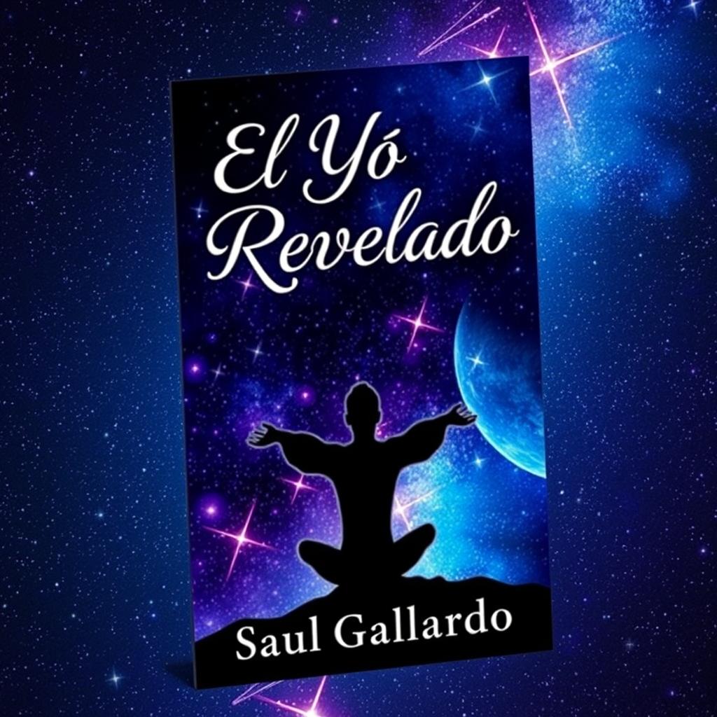 A stunning book cover featuring a human figure in a serene meditation pose against a captivating starry sky, beautifully illustrating the connection between the inner self and the universe