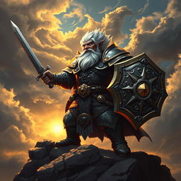 A powerful dwarf paladin with striking white hair and dark skin, adorned in shining armor that reflects a blend of traditional medieval designs and intricate patterns