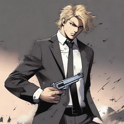 A young man with fair skin and dirty-blonde hair, clad in a black three-piece suit dirt-stained from adventure, gripping a pistol with determination