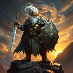 A powerful dwarf paladin with striking white hair and dark skin, adorned in shining armor that reflects a blend of traditional medieval designs and intricate patterns