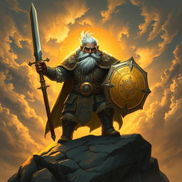 A powerful dwarf paladin with striking white hair and dark skin, adorned in shining armor that reflects a blend of traditional medieval designs and intricate patterns