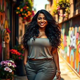 A curvy girl with long flowing hair, wearing a stylish outfit that accentuates her curves