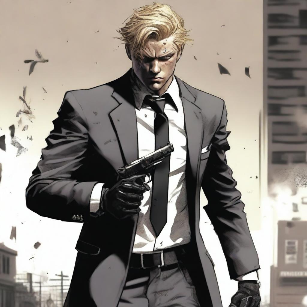 A young man with fair skin and dirty-blonde hair, clad in a black three-piece suit dirt-stained from adventure, gripping a pistol with determination