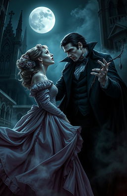 A dark and mysterious scene depicting Lucy Westenra from Bram Stoker's Dracula, beautifully dressed in a flowing Victorian gown that showcases her ethereal beauty