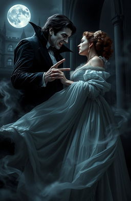 A dark and mysterious scene depicting Lucy Westenra from Bram Stoker's Dracula, beautifully dressed in a flowing Victorian gown that showcases her ethereal beauty