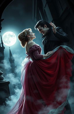 A dark and mysterious scene depicting Lucy Westenra from Bram Stoker's Dracula, beautifully dressed in a flowing Victorian gown that showcases her ethereal beauty
