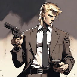 A young man with fair skin and dirty-blonde hair, clad in a black three-piece suit dirt-stained from adventure, gripping a pistol with determination