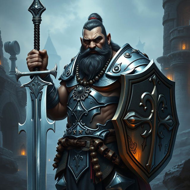 A powerful dwarf paladin standing proudly, showcasing a muscular build and dark skin