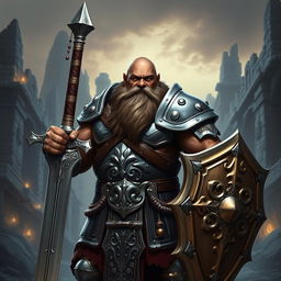 A powerful dwarf paladin standing proudly, showcasing a muscular build and dark skin