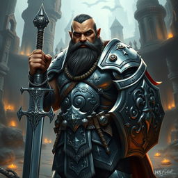 A powerful dwarf paladin standing proudly, showcasing a muscular build and dark skin