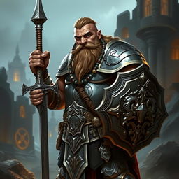 A powerful dwarf paladin standing proudly, showcasing a muscular build and dark skin