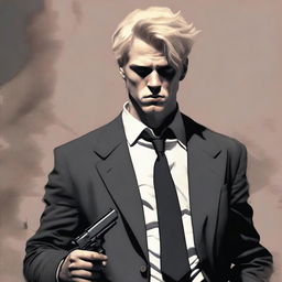 A scowling young man with fair skin and dirty-blonde hair, attired in a dust-covered black three-piece suit, sternly holding a pistol