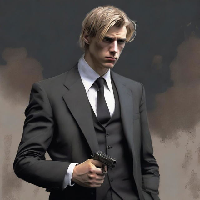 A scowling young man with fair skin and dirty-blonde hair, attired in a dust-covered black three-piece suit, sternly holding a pistol