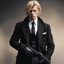 A scowling young man with fair skin and dirty-blonde hair, attired in a dust-covered black three-piece suit, sternly holding a pistol