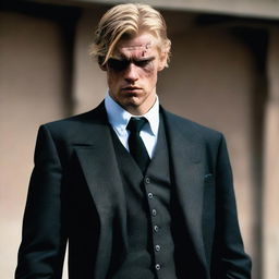 A scowling young man with fair skin and dirty-blonde hair, attired in a dust-covered black three-piece suit, sternly holding a pistol