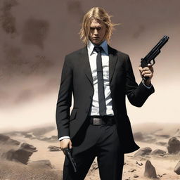 A scowling young man with long dirty-blonde hair and fair skin, decked out in a dirt-smudged black three-piece suit, clutching a pistol with resolve