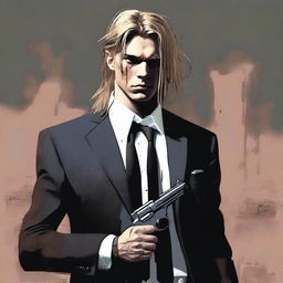 A scowling young man with long dirty-blonde hair and fair skin, decked out in a dirt-smudged black three-piece suit, clutching a pistol with resolve