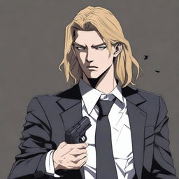 A scowling young man with long dirty-blonde hair and fair skin, decked out in a dirt-smudged black three-piece suit, clutching a pistol with resolve